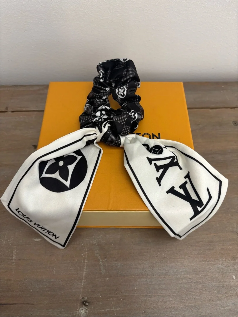 Louis Vuitton Black and White Silky Scarf Hair Scrunchie/Bow